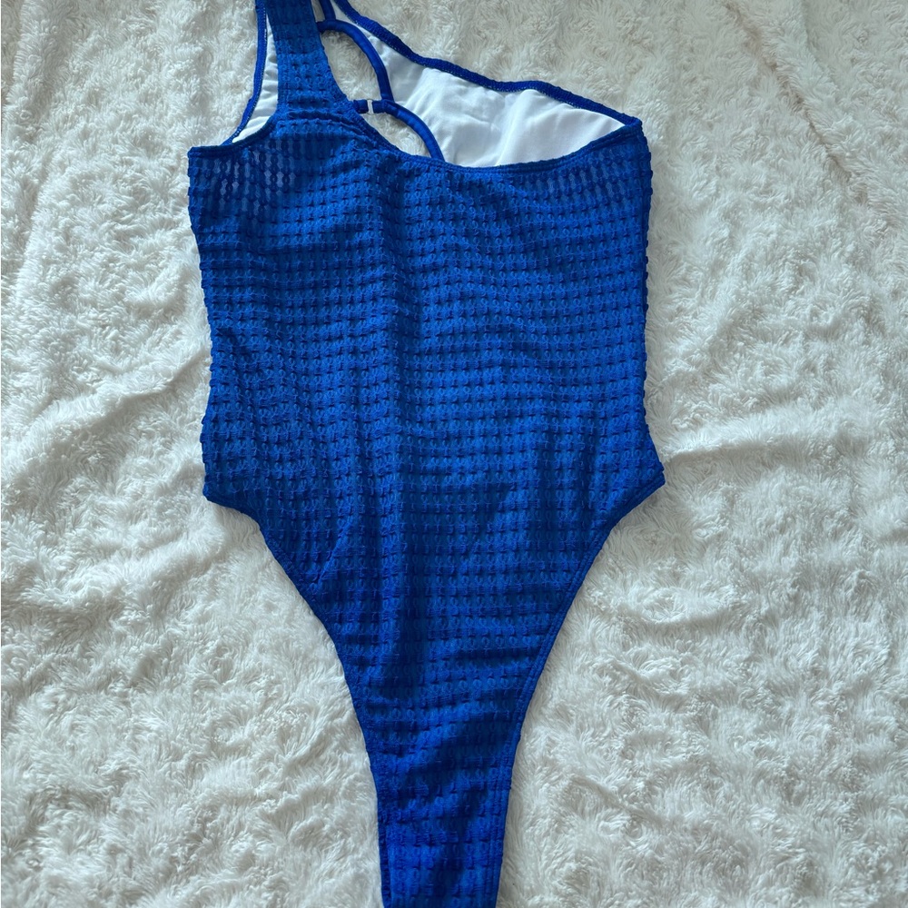 Blue Textured One Piece Swimsuit with Asymmetrical Cutout - Picture 4 of 5